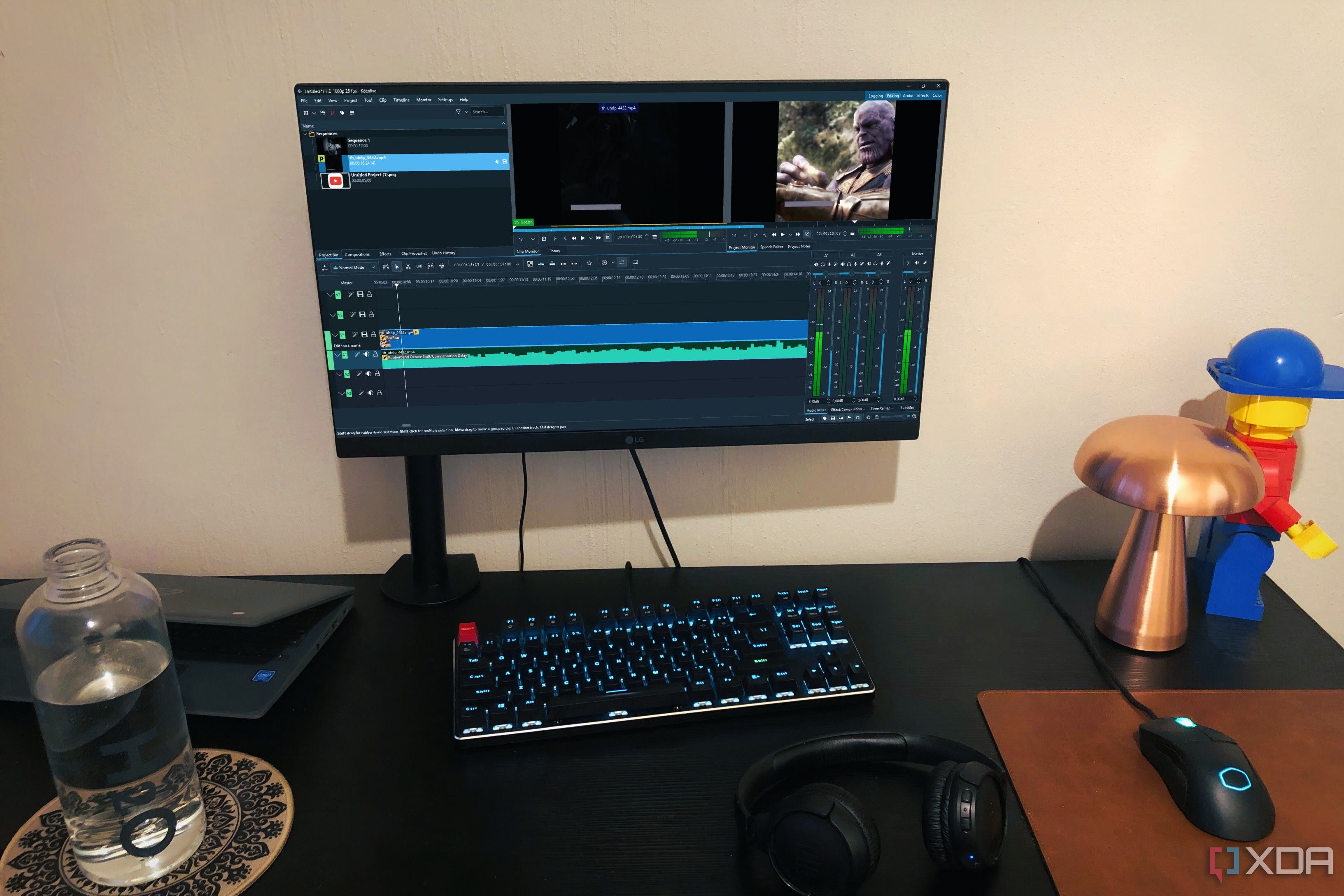 A desktop with the Kdenlive editing software open