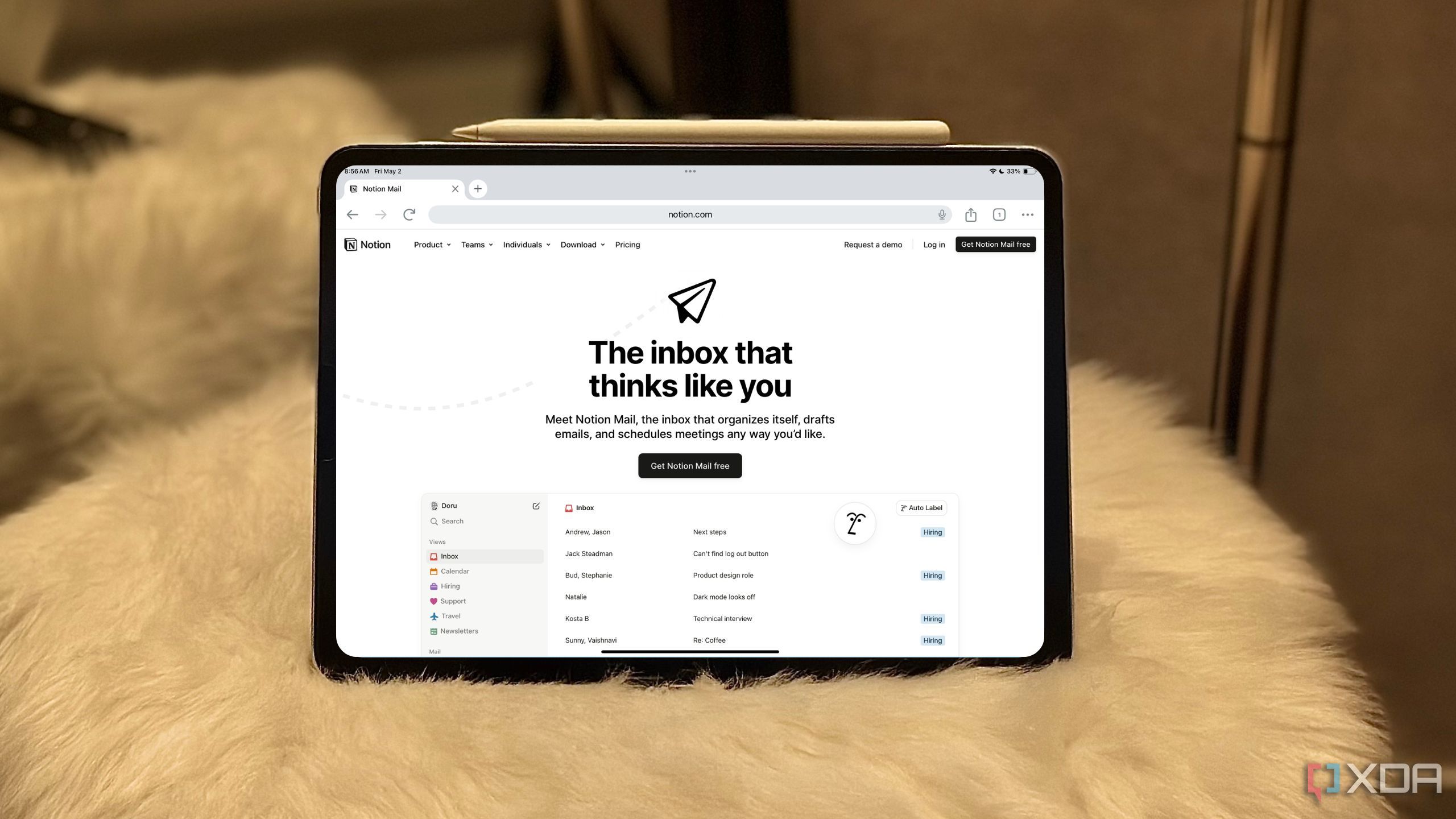 Tablet with Notion Mail open
