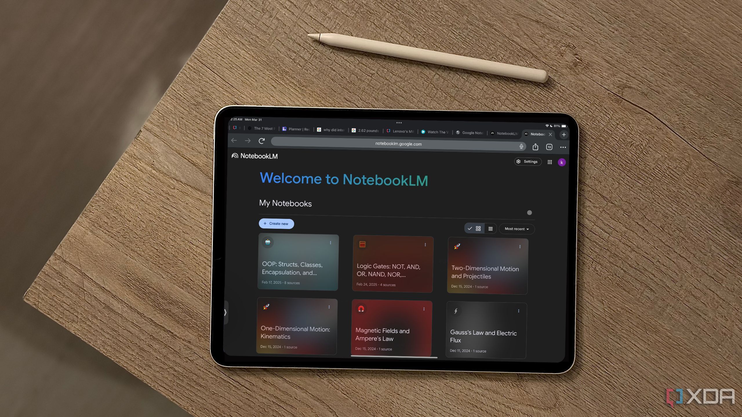 NotebookLM displayed on iPad next to Apple Pencil