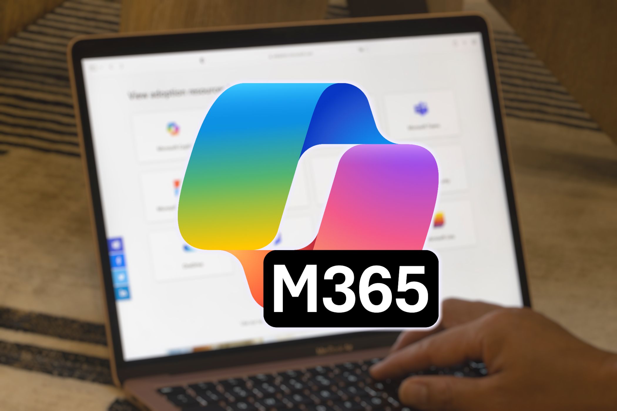 Microsoft 365 Copilot logo with laptop background