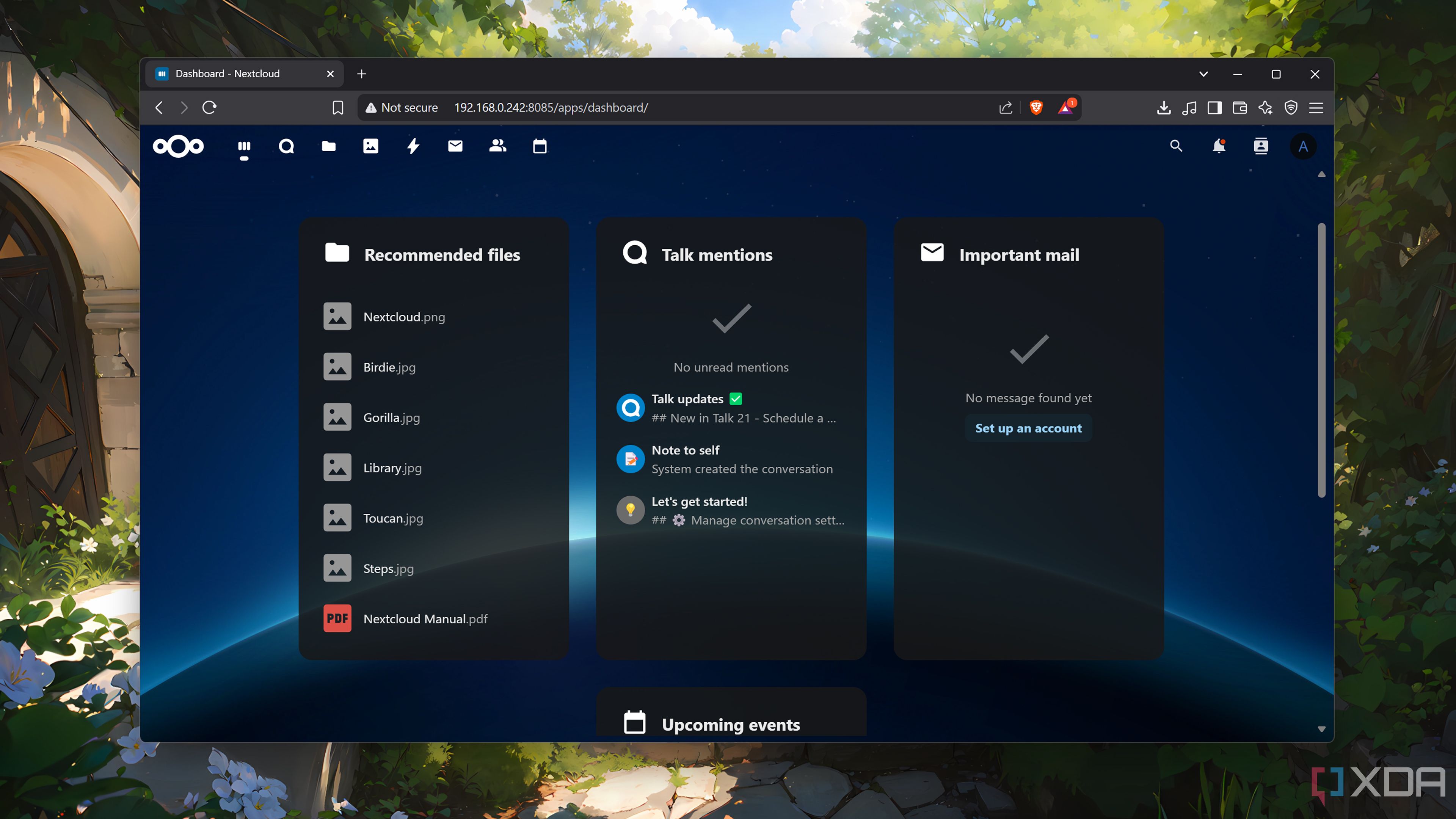 Self-hosted Nextcloud dashboard showing various services