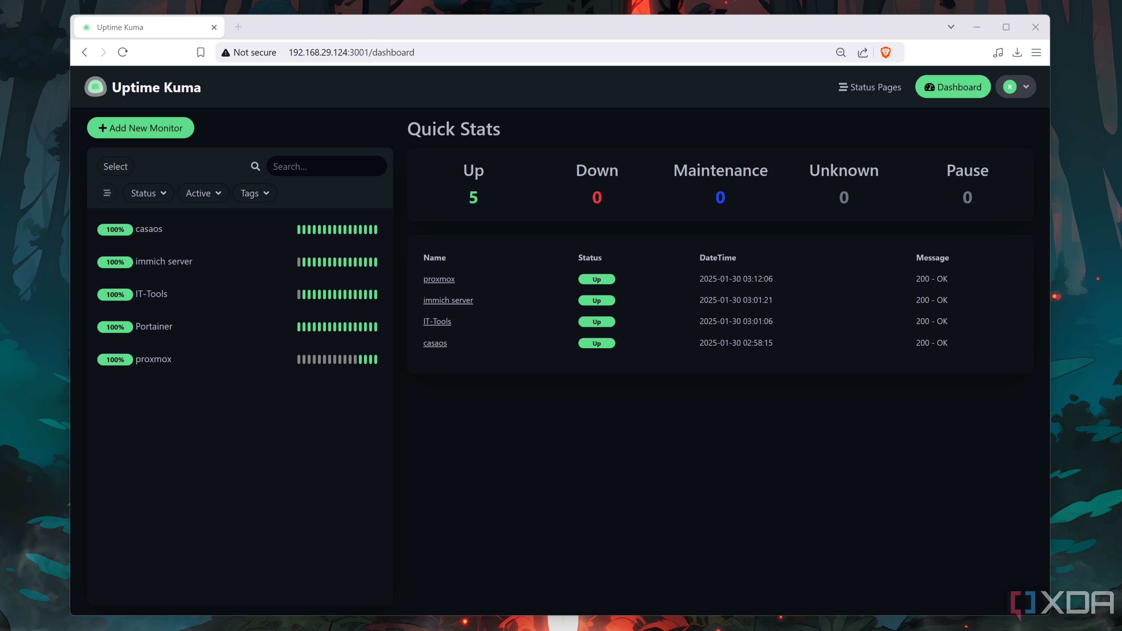 Screenshot of Uptime Kuma dashboard