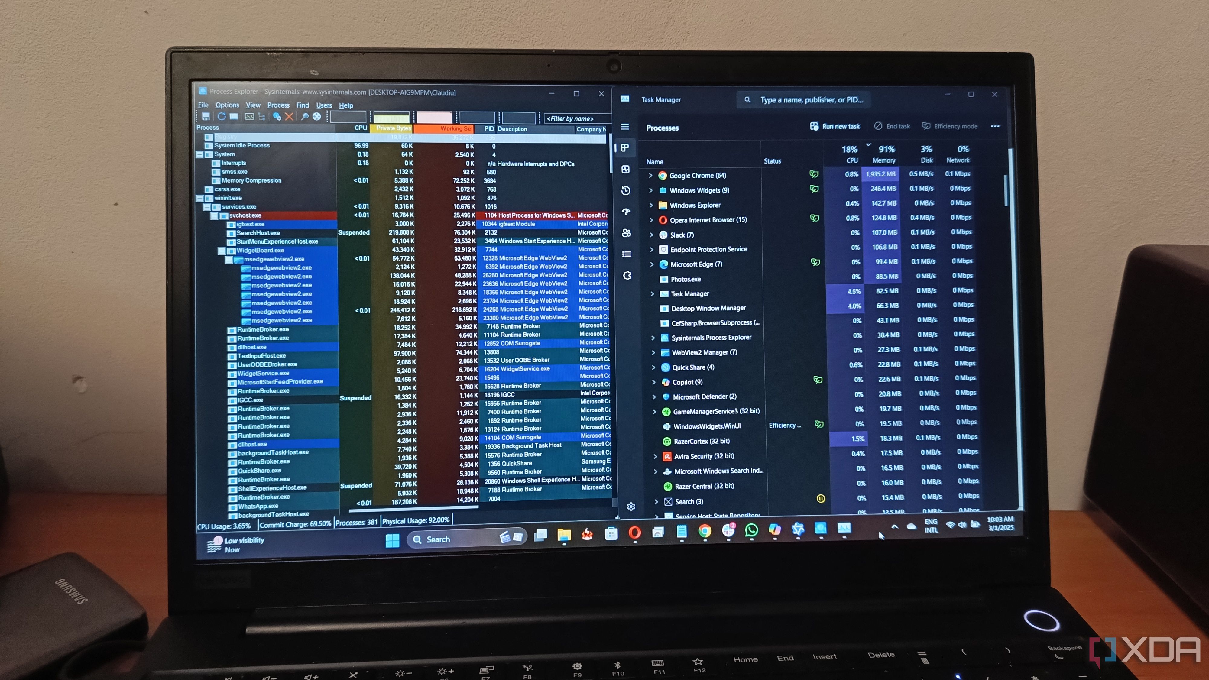 Process Explorer and Task Manager on Windows 11