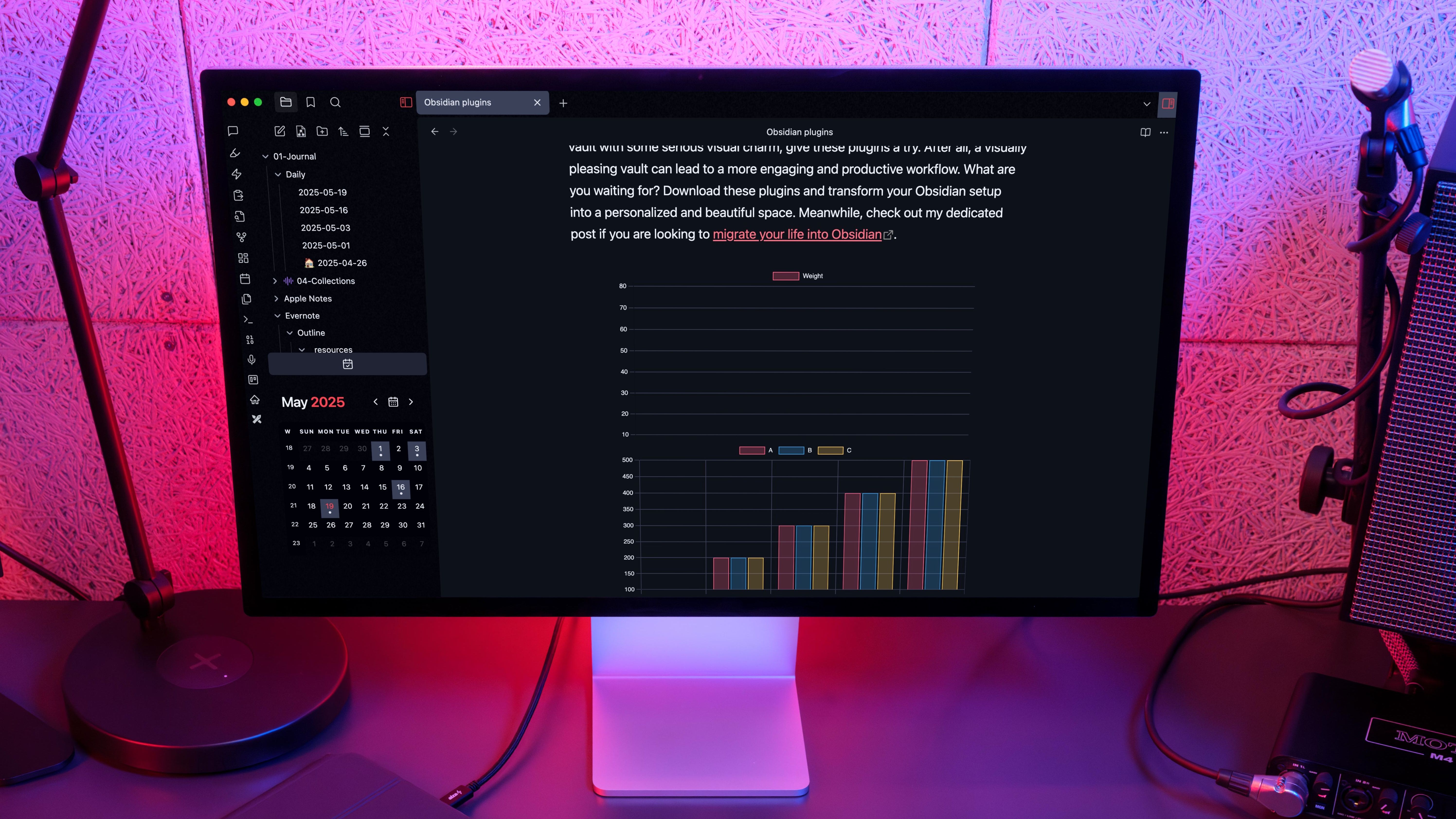 Bar and pie charts displayed in Obsidian notes