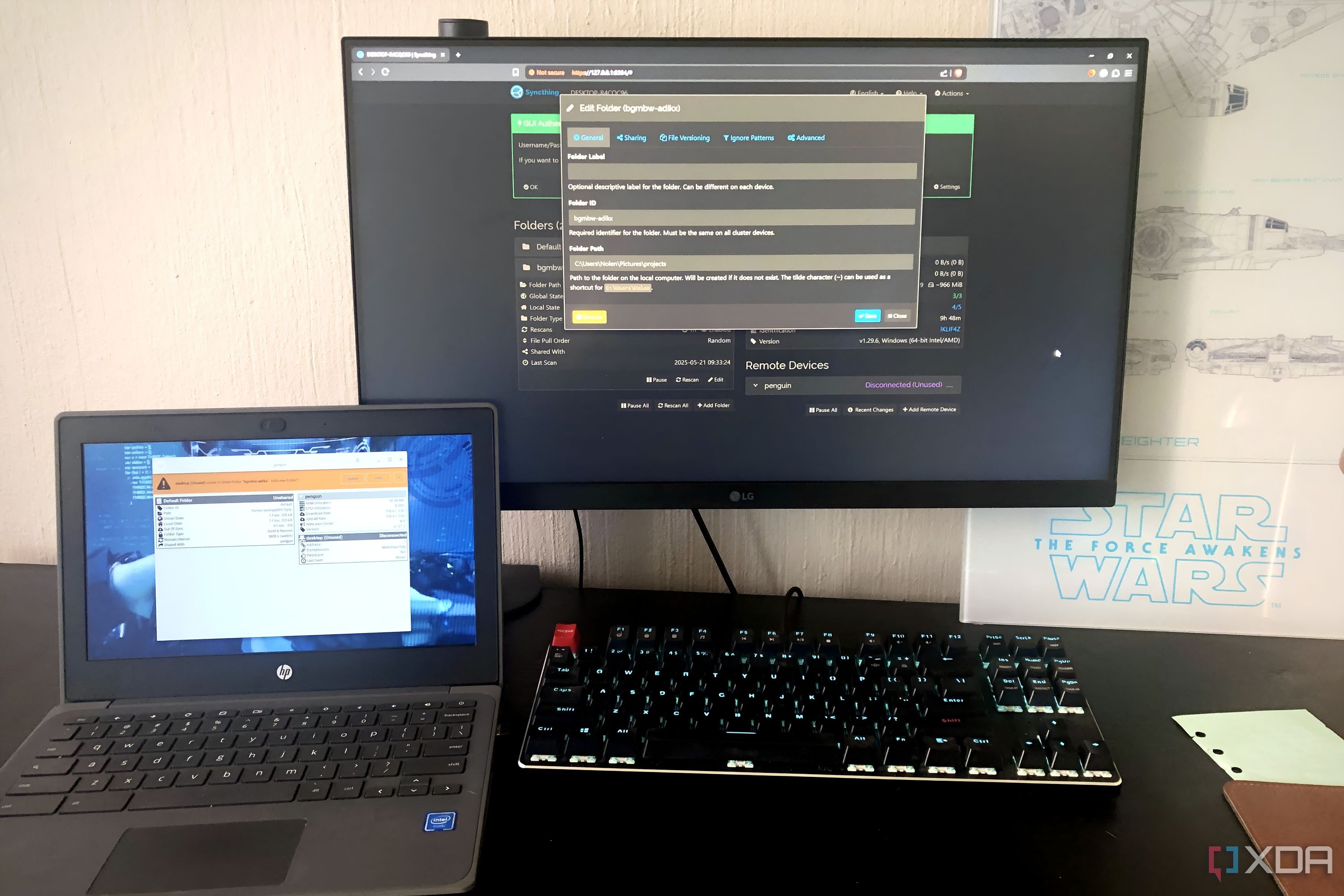 Syncthing app displayed on Windows desktop and Chromebook
