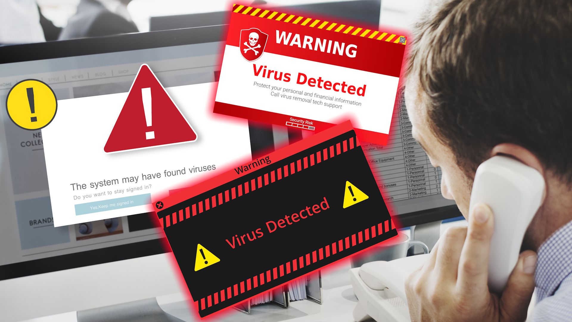 Person encountering pop-up virus alerts on computer screen