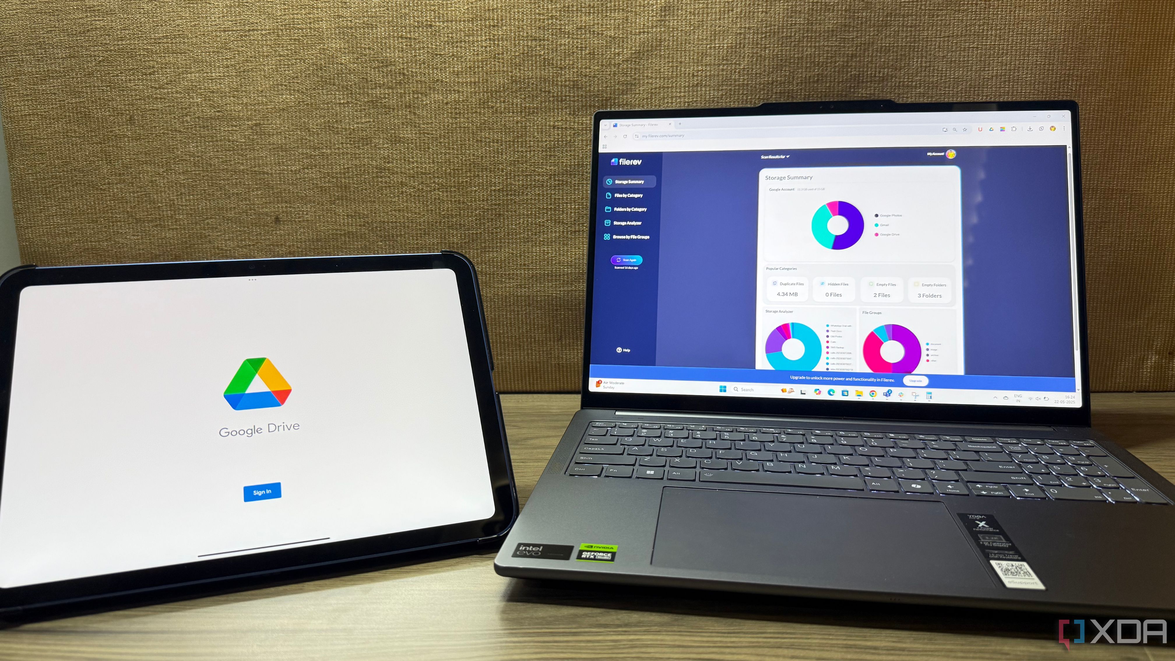 Overhead view of desktop with organized folders, files, and laptop