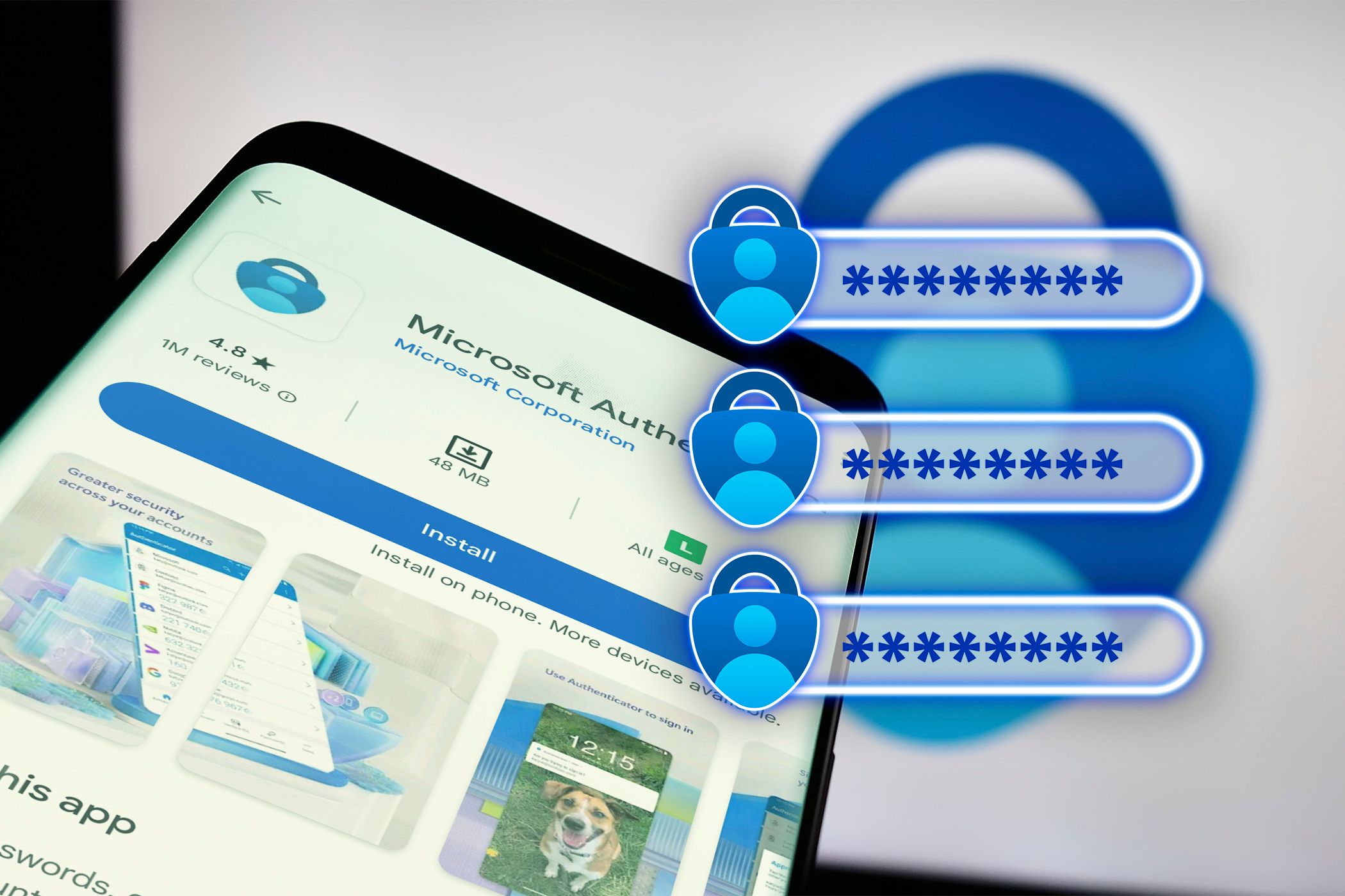 Microsoft Authenticator app open with password list visible