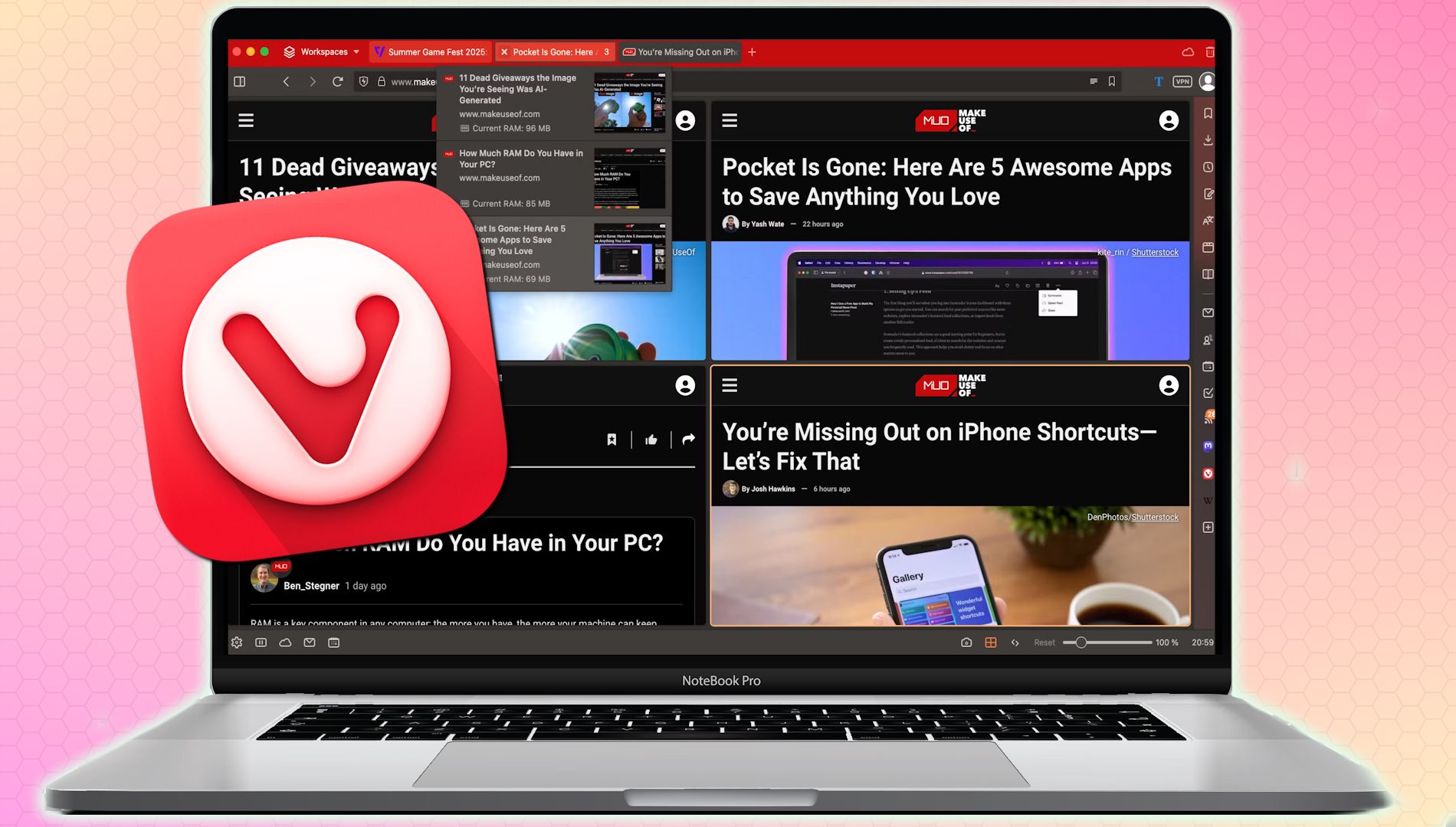 Laptop displaying the Vivaldi browser interface