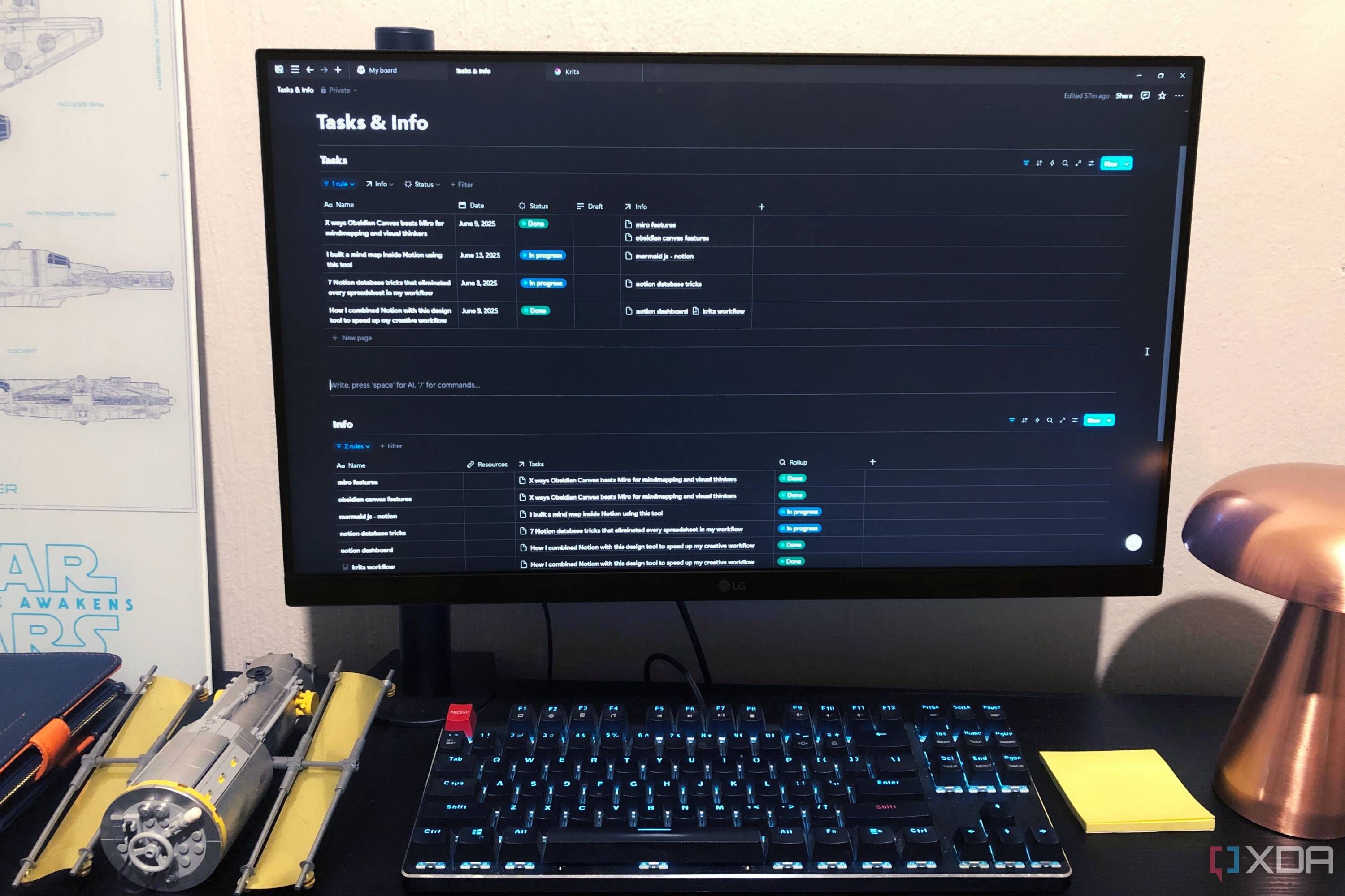 Desktop display with Notion databases
