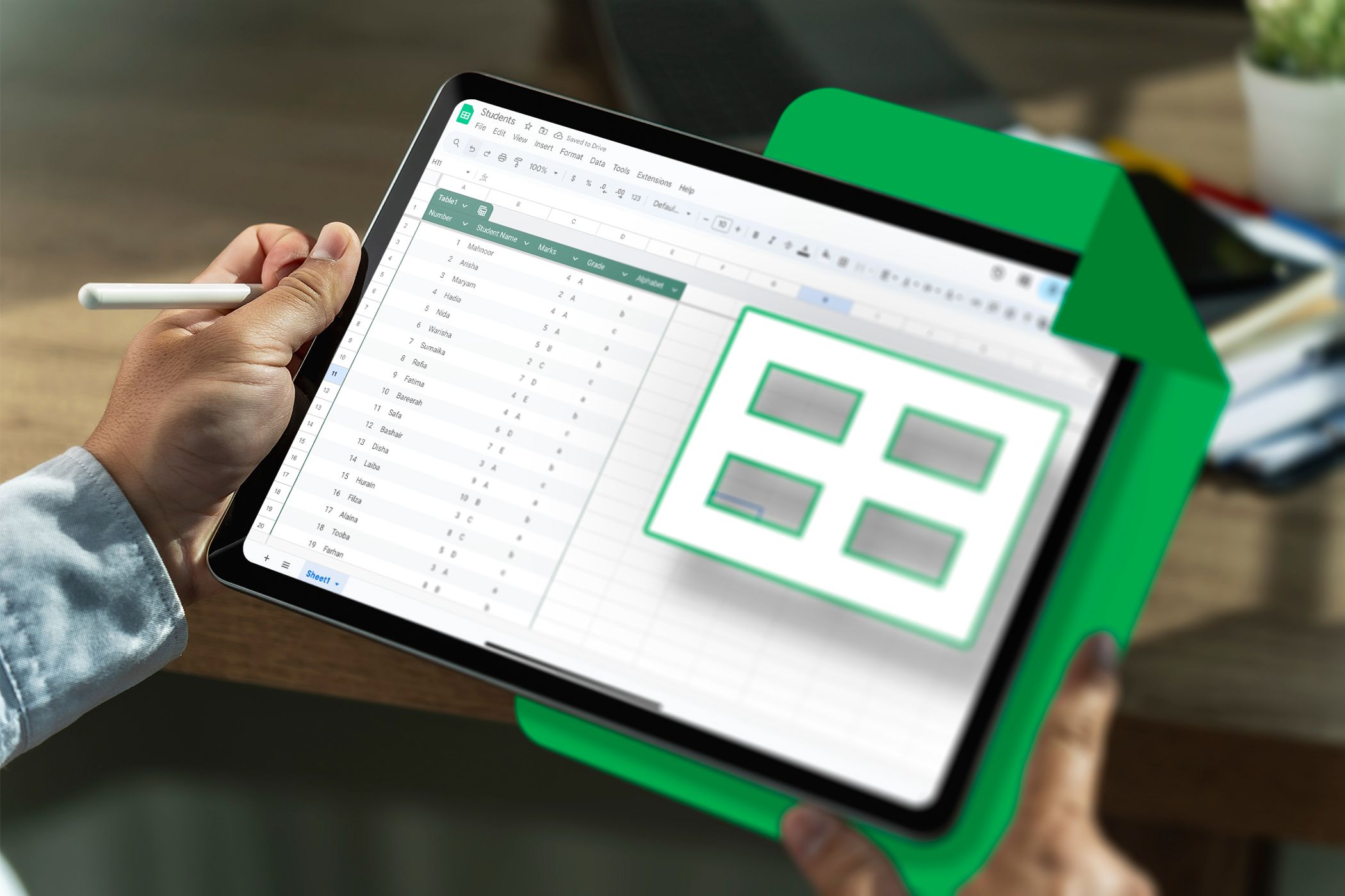 Person holding an iPad with Google Sheets visible