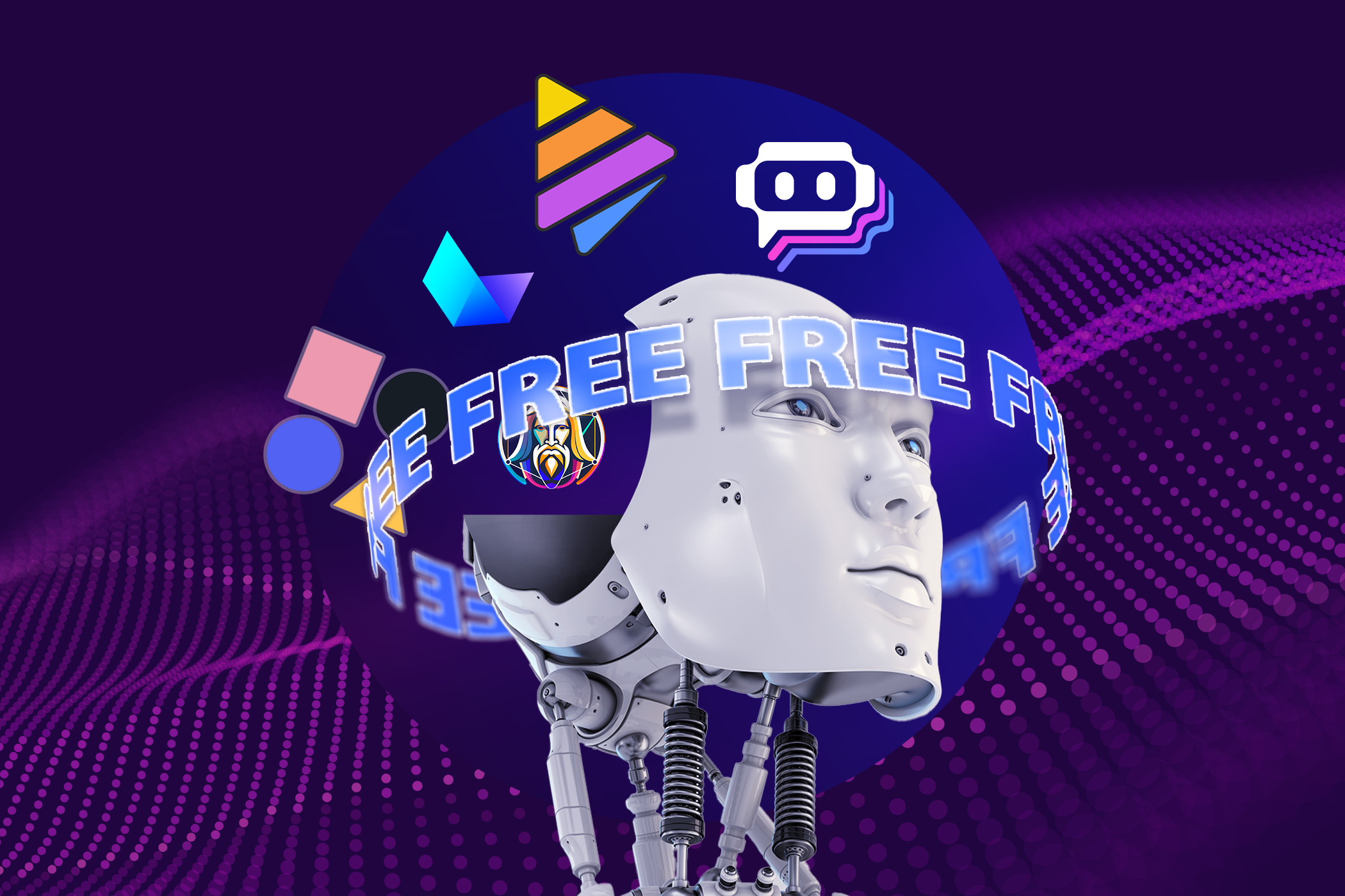 Robot head with AI tool icons