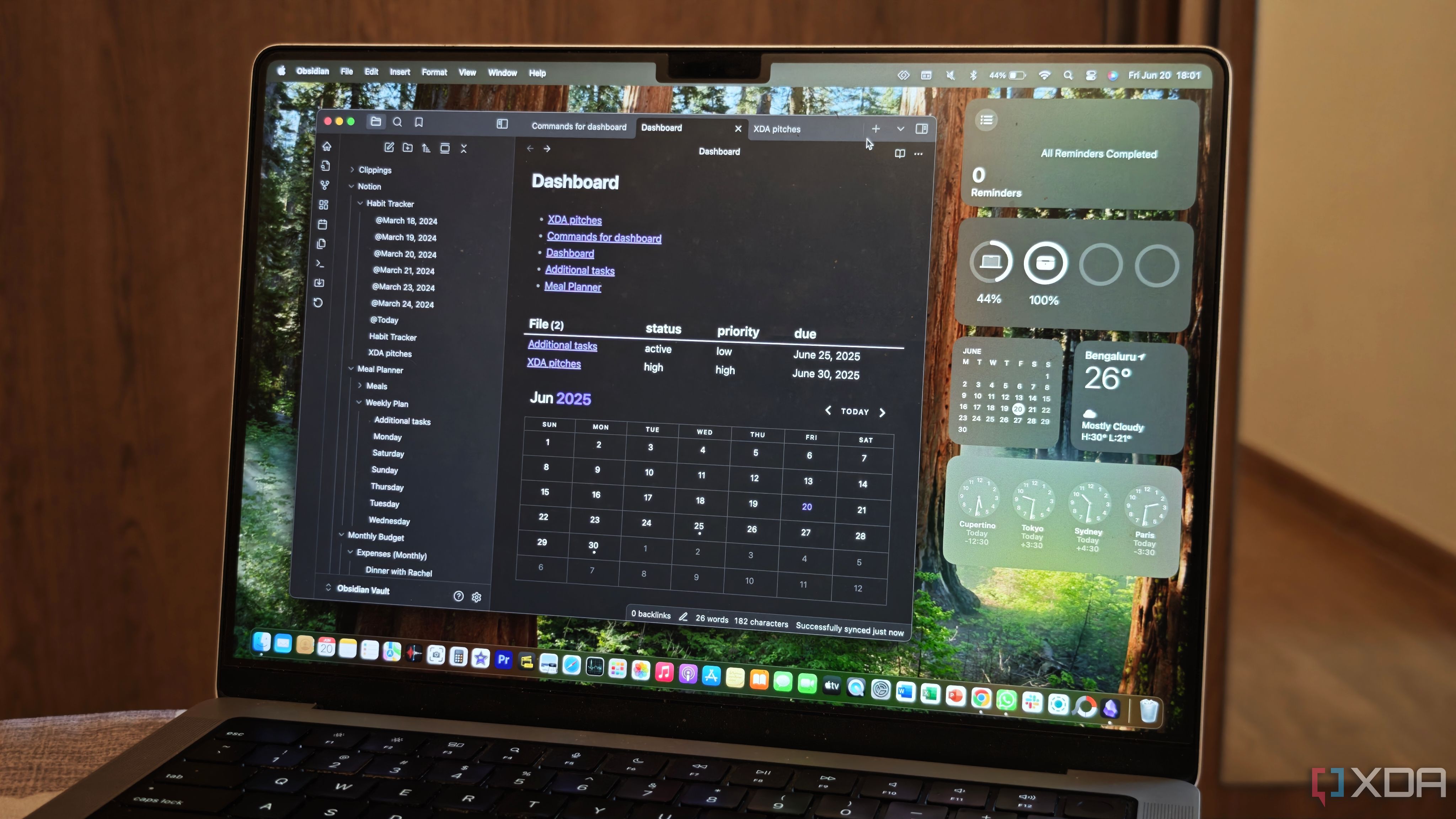 Obsidian note-taking dashboard