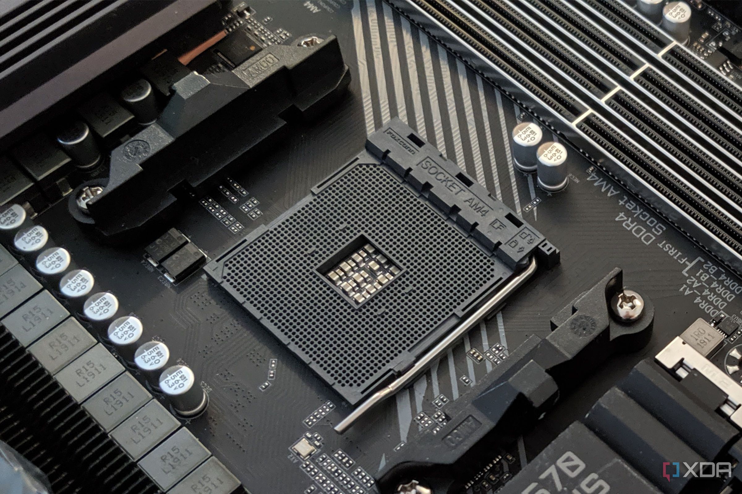 A budget motherboard installed in a PC.