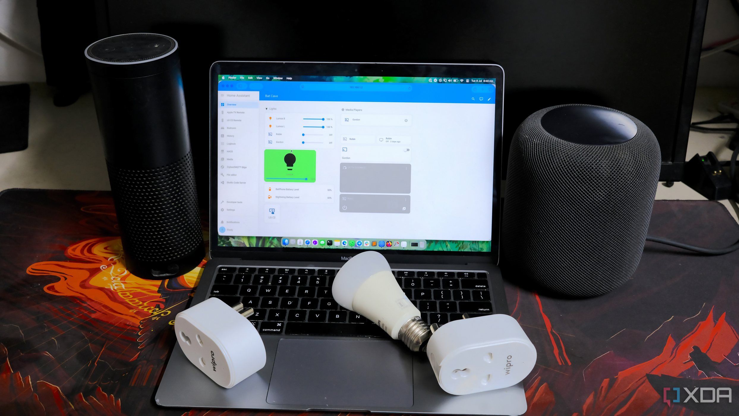 Multiple home devices set up on a table