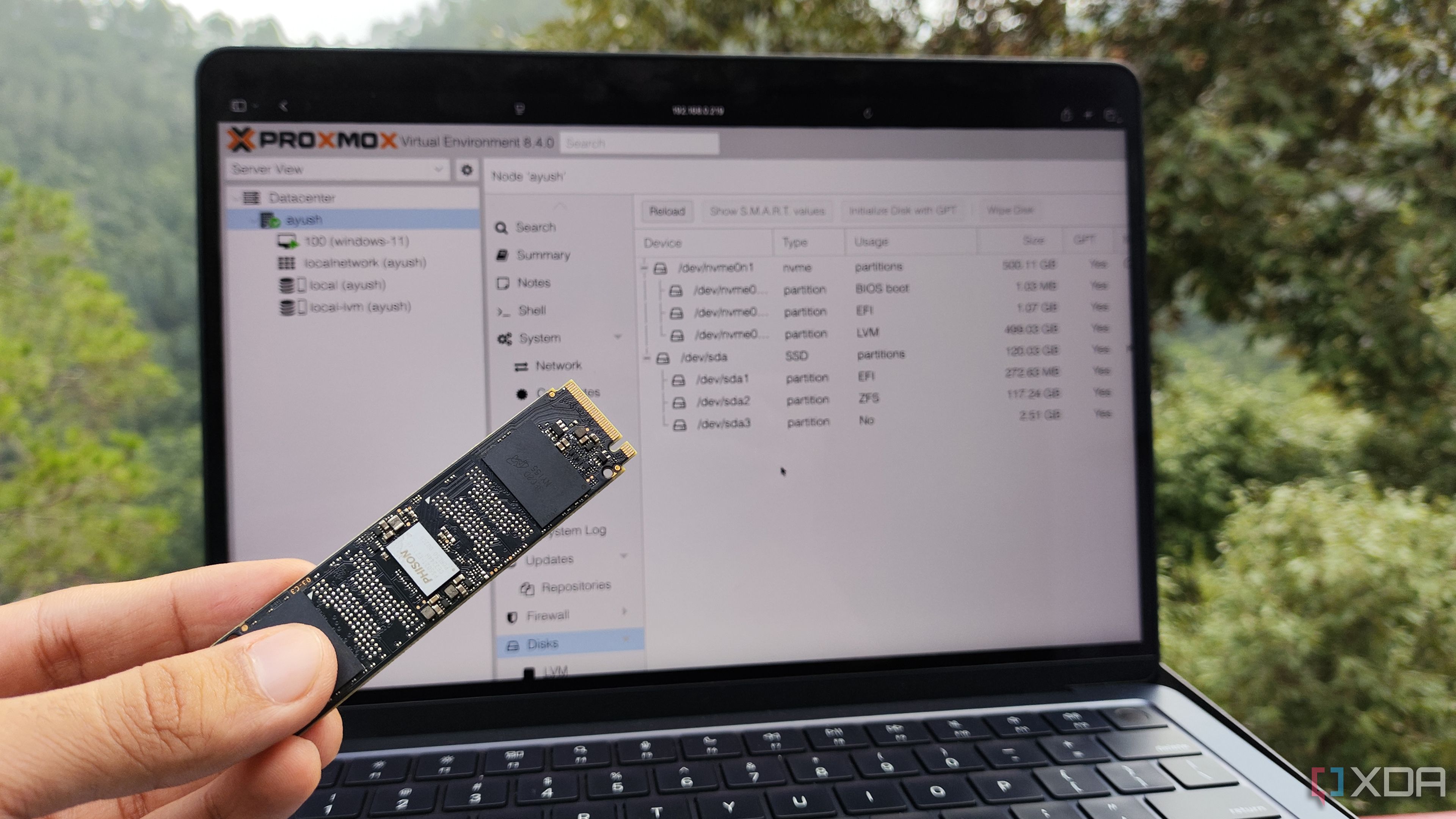 SSD drive connected to open computer case