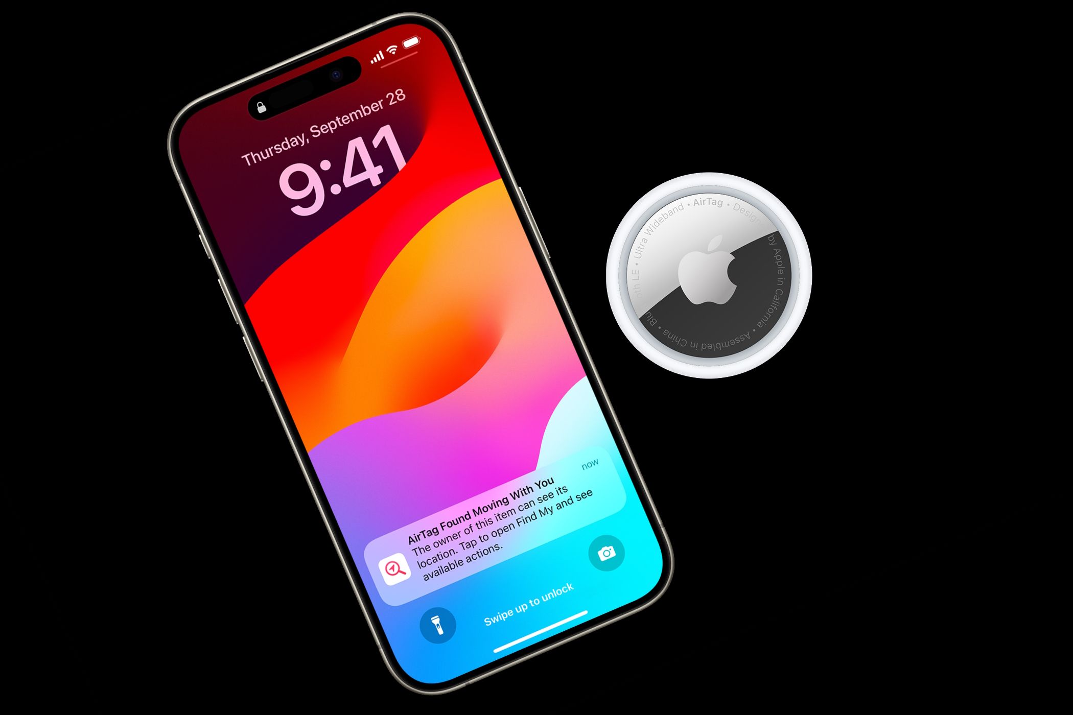 AirTag device and iPhone with alert on screen