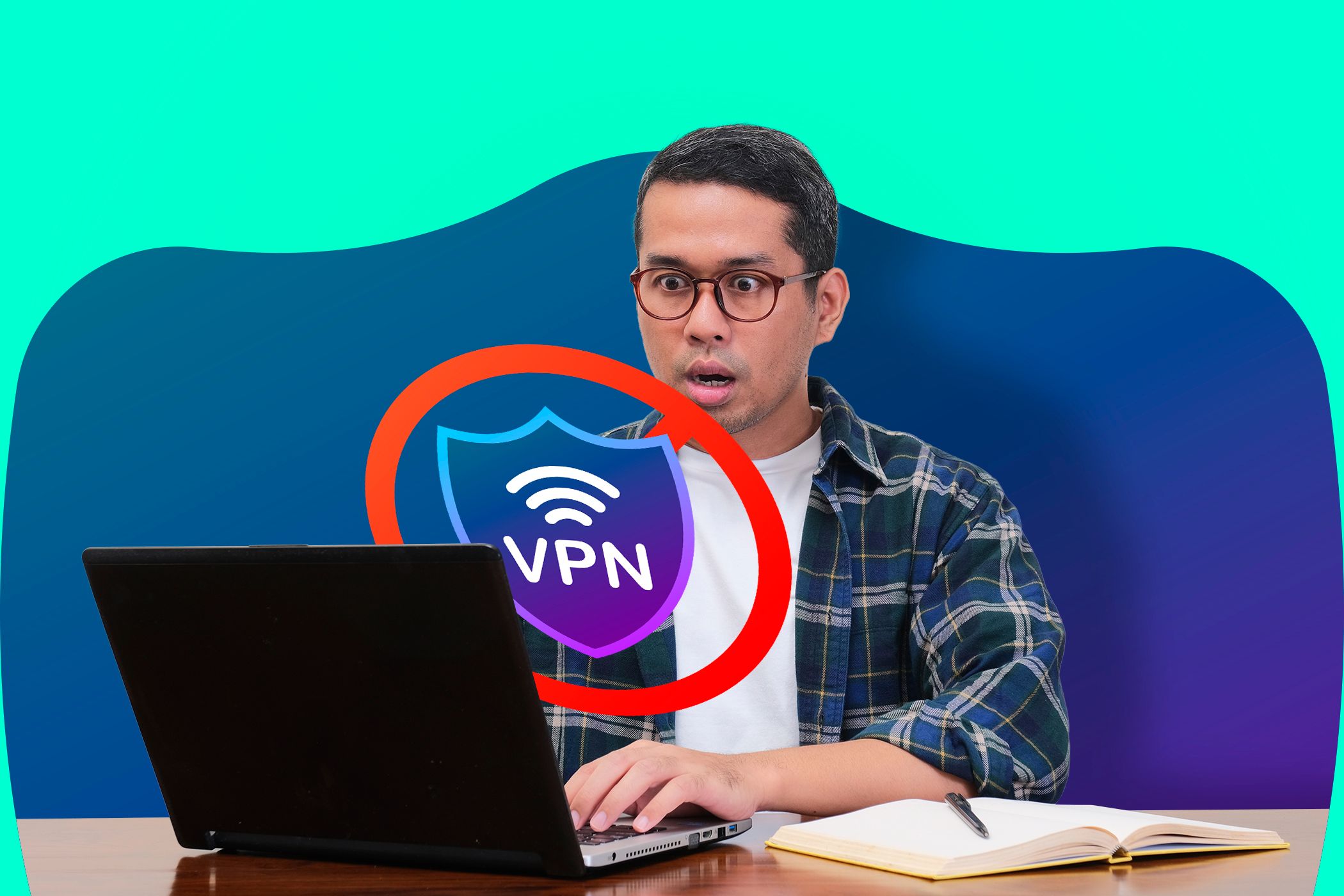 Man surprised by VPN security screen on laptop
