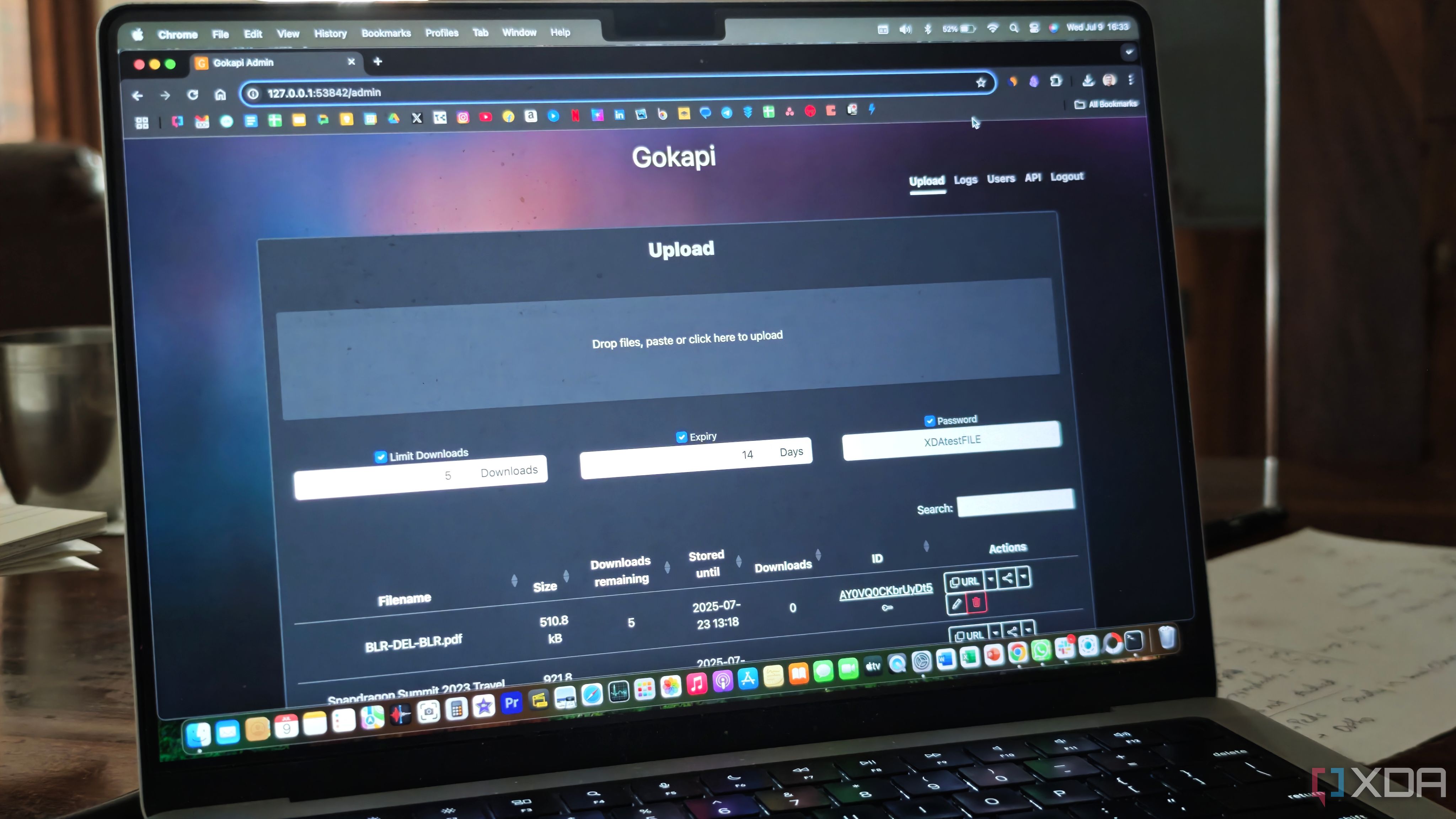 Gokapi file sharing home screen