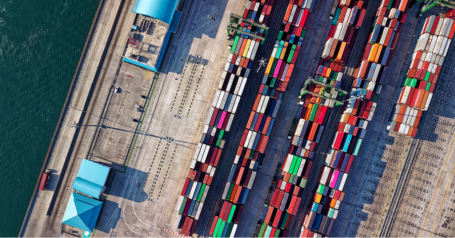 Birds eye view of containers at a shipping dock