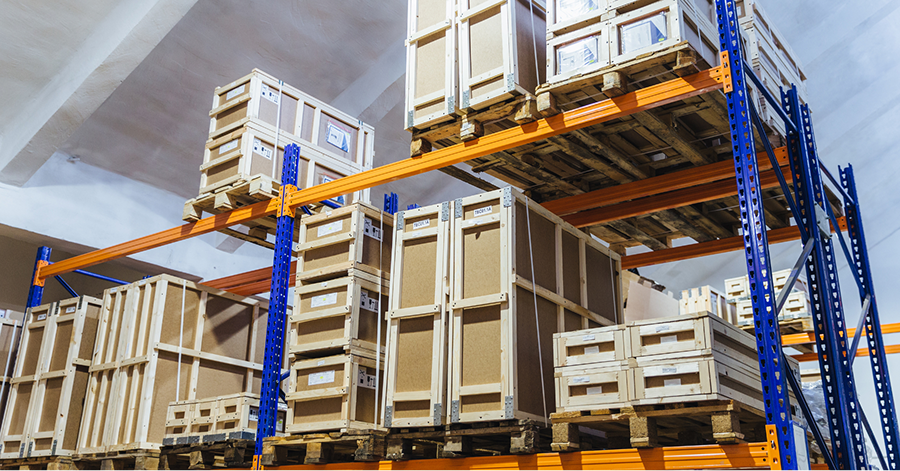 Delivery boxes on warehouse shelves.