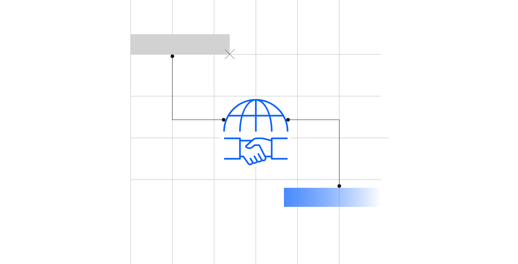 An image of a handshake icon below a globe icon on top of a grid.