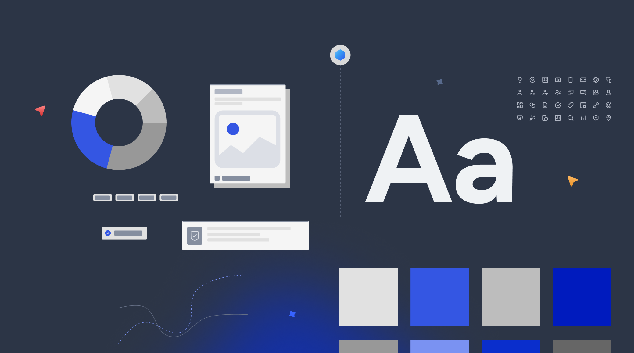 Design system interface showing a pie chart, document icon, typography sample with large Aa, small UI icons, and a grid of blue and gray color swatches on a dark background.