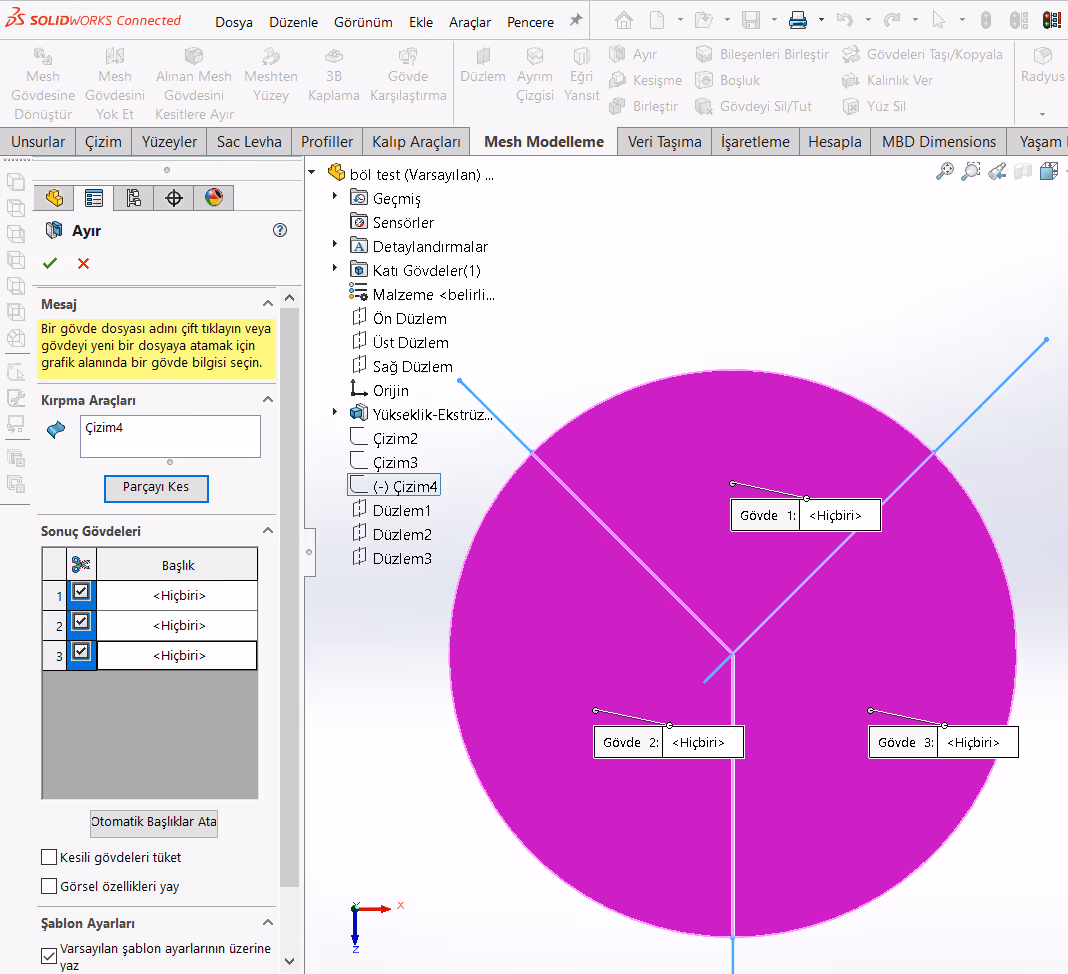 SOLIDWORKS Çizimle Ayır Komutu ile Bölme Durumu