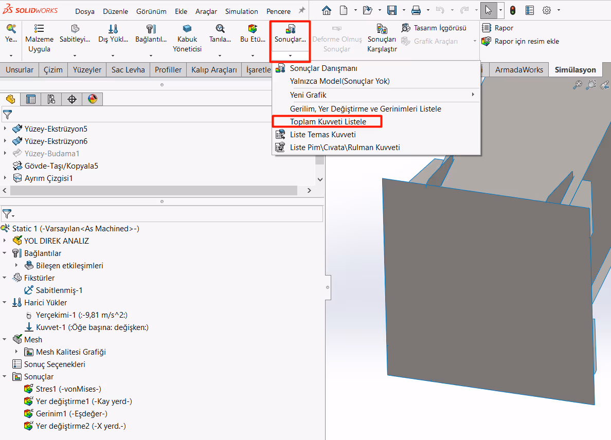 SOLIDWORKS Simulation Yüzey Datalarında Moment Hesaplaması