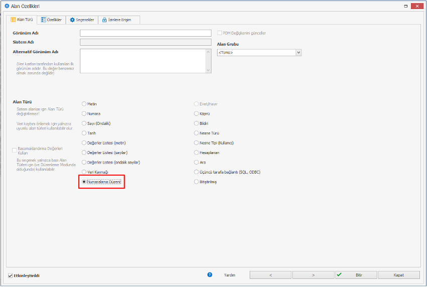 SOLIDWORKS MANAGE Numaralama Düzenleri Alan Türü Özellikleri