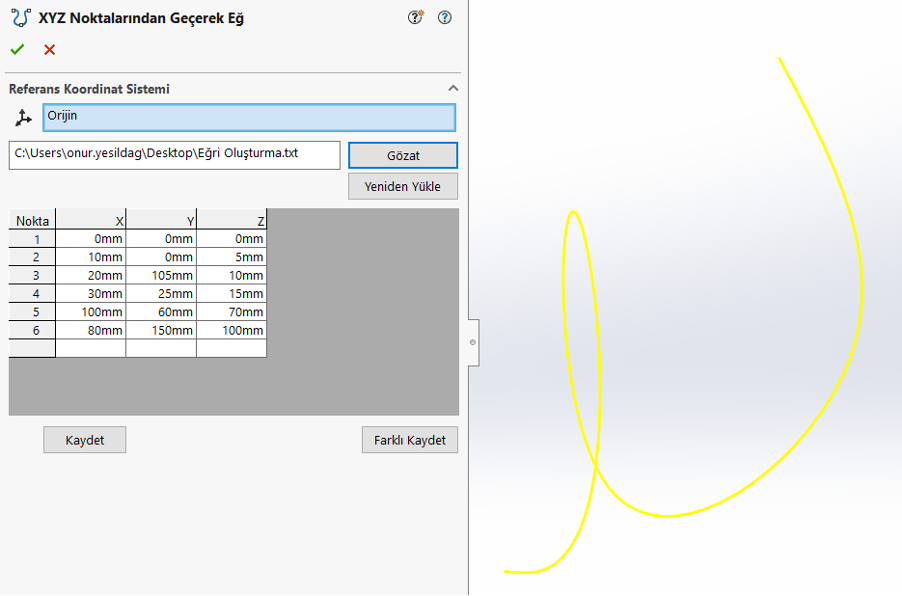 SOLIDWORKS XYZ Noktalarından Geçen Eğri Oluşturma