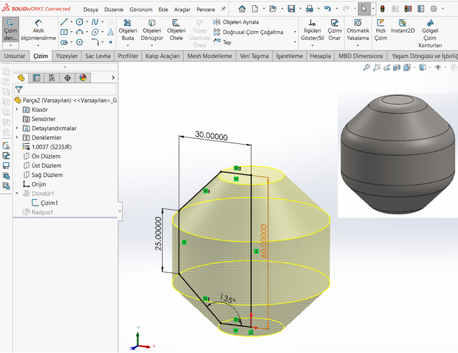 SOLIDWORKS'te Teknik Resimde Kesişim Seçimi