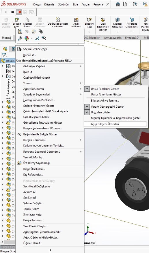 SOLIDWORKS Grup Bileşen Örneği Komutu
