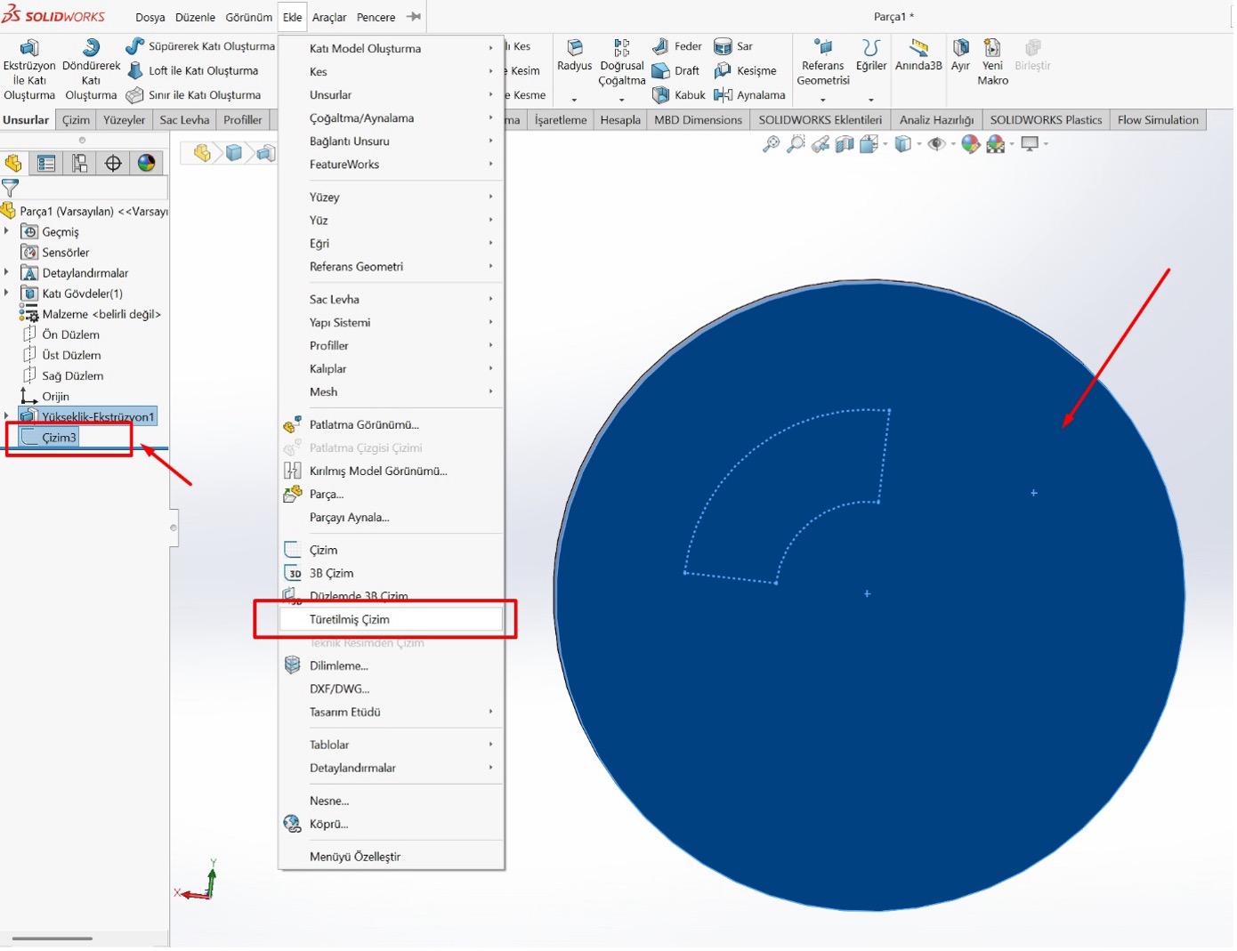 SOLIDWORKS’te türetilmiş çizim oluşturma