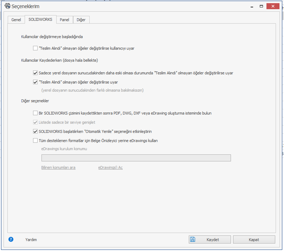 SOLIDWORKS Manage Seçenekler SOLIDWORKS Ayarları