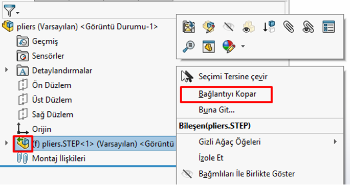 SOLIDWORKS'te Step Data Bağlantısını Kopartmak Ne İşe Yarar?