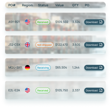 Purchase order table showing four entries with columns for PO number, region with flags, status with colored labels, value, quantity, and a Download PDF button.