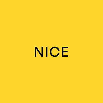 Black text saying 'NICE' centered on a solid yellow background.