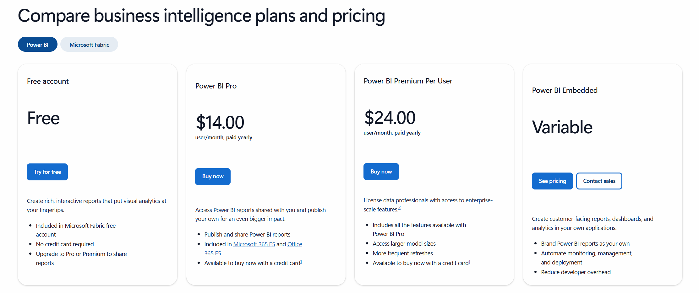 Power BI pricing plans