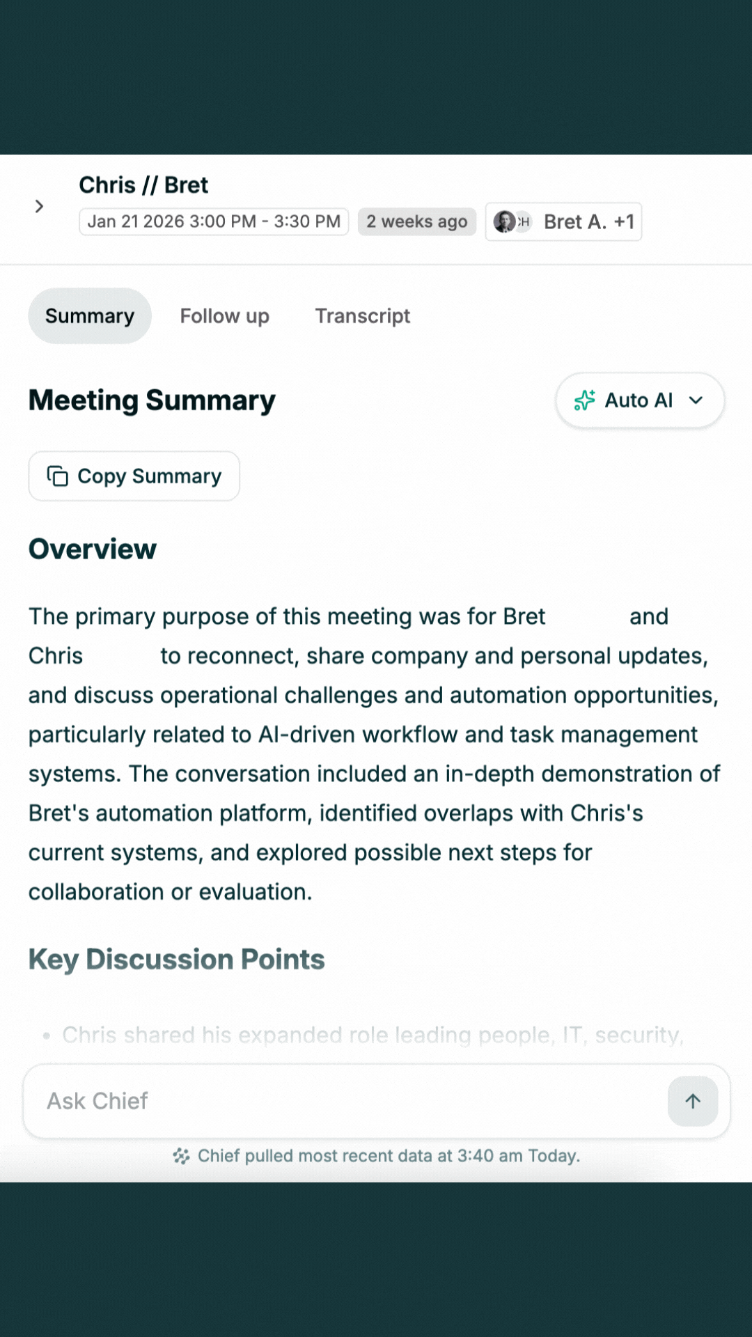 Asking Chief about a meeting and associated deal