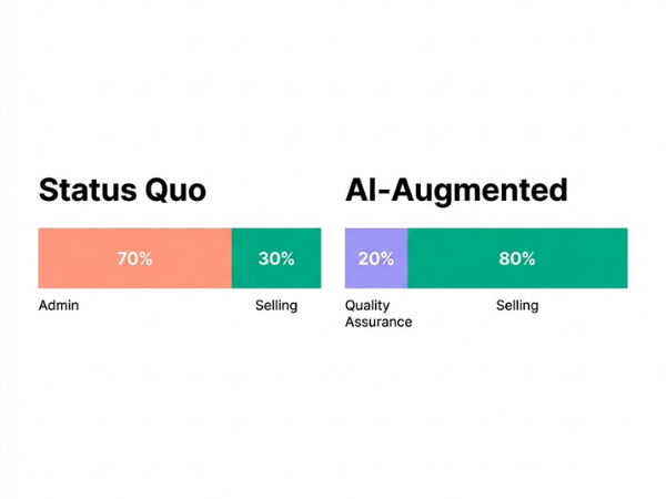 a visual showing 70% of rep time going to admin in the status quo and only 20% going to quality assurance in the AI-Augmented "Arbiter of Quality" model