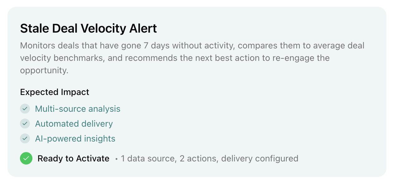 A Stale Deal Velocity Alert summary, an example of the automations users can build into their agents in Chief.