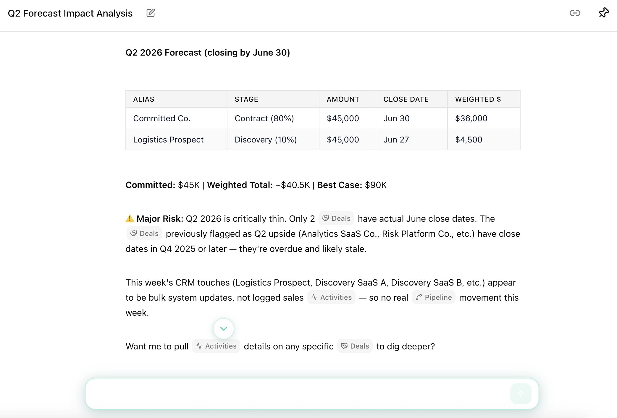 A screenshot of a chat with Chief about the Q2 forecast and revenue risk
