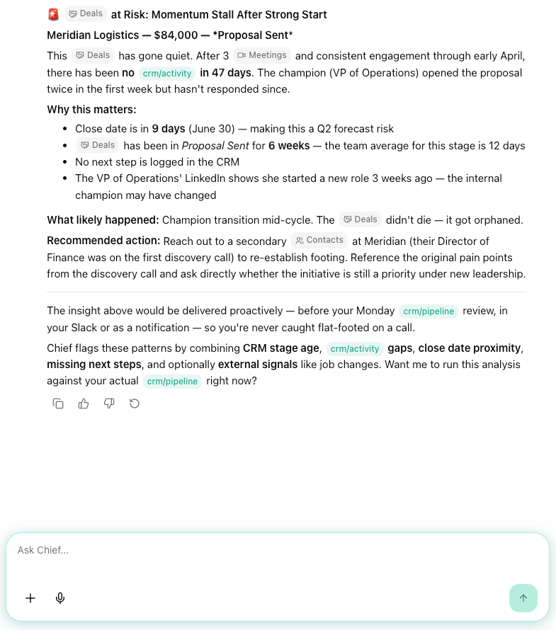 A screenshot of a revenue intelligence insight from Chief