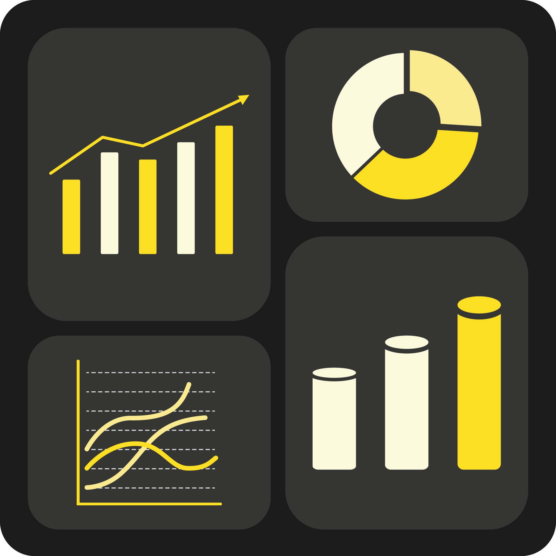 Σετ από τέσσερα διαγράμματα και γραφήματα με κίτρινες και λευκές αποχρώσεις σε σκούρο φόντο, που απεικονίζουν στατιστικά δεδομένα και τάσεις.