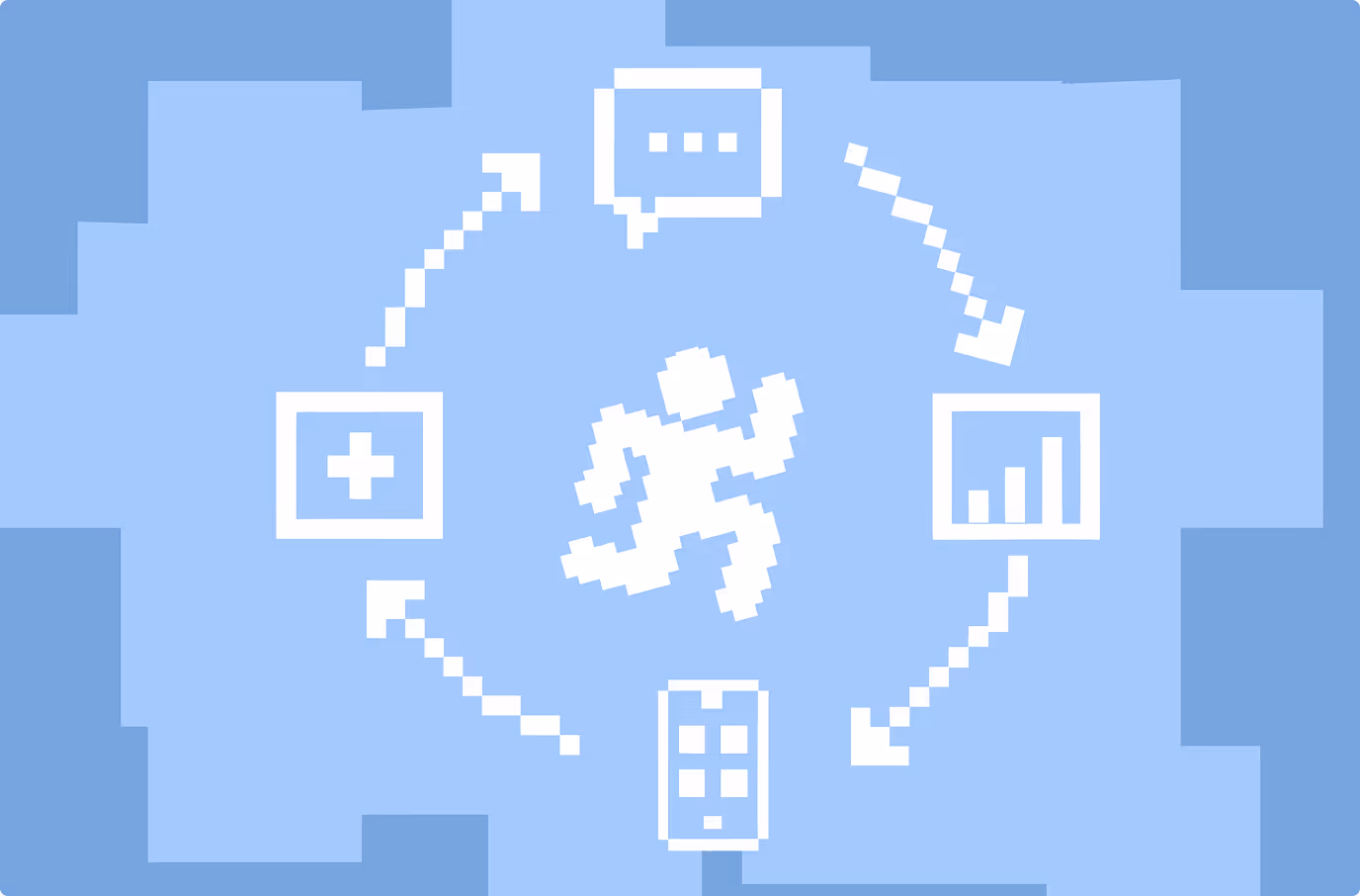 HealthTech app UX design illustration showing connected health icons, mobile interfaces, and digital health ecosystem