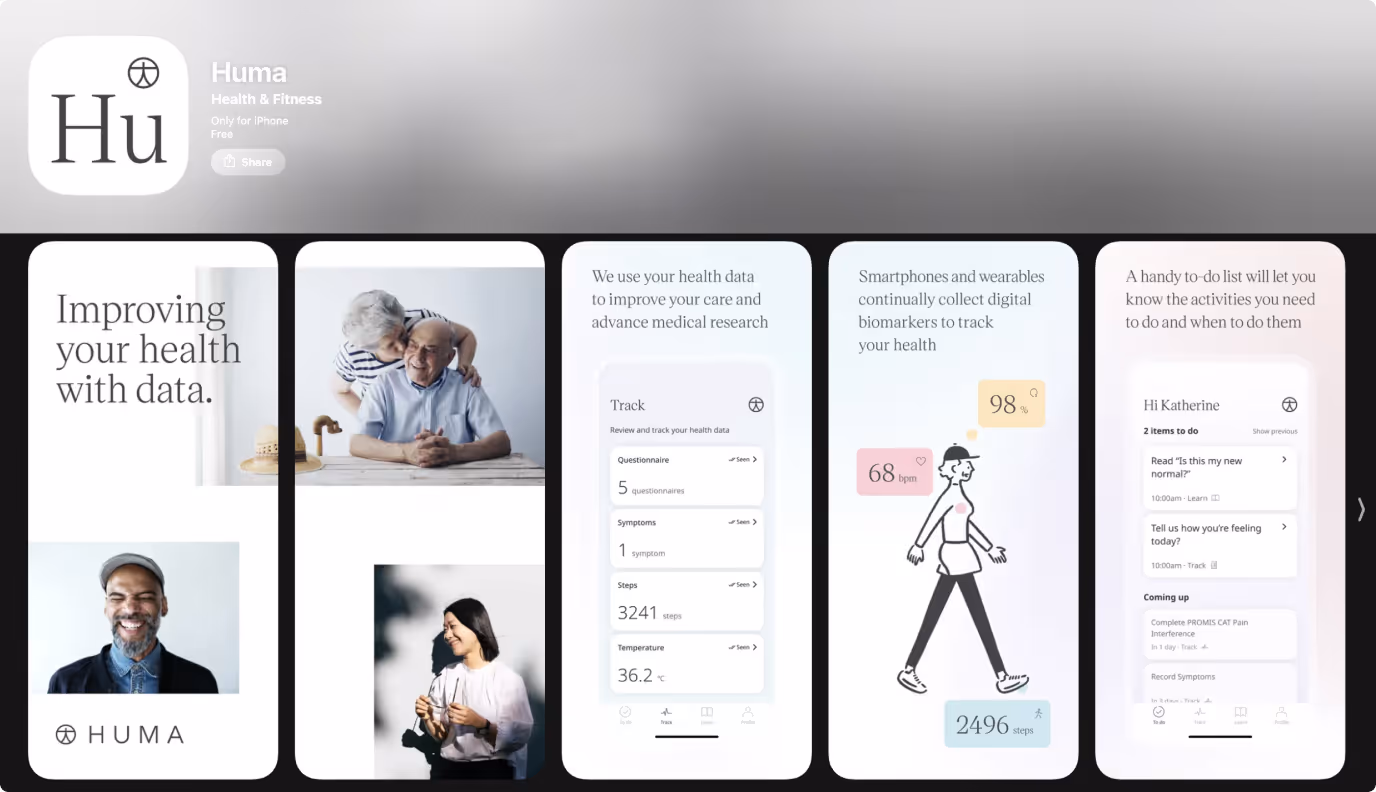 Huma remote patient monitoring app — mobile screens showing symptom tracking, health metrics, and patient dashboard UX