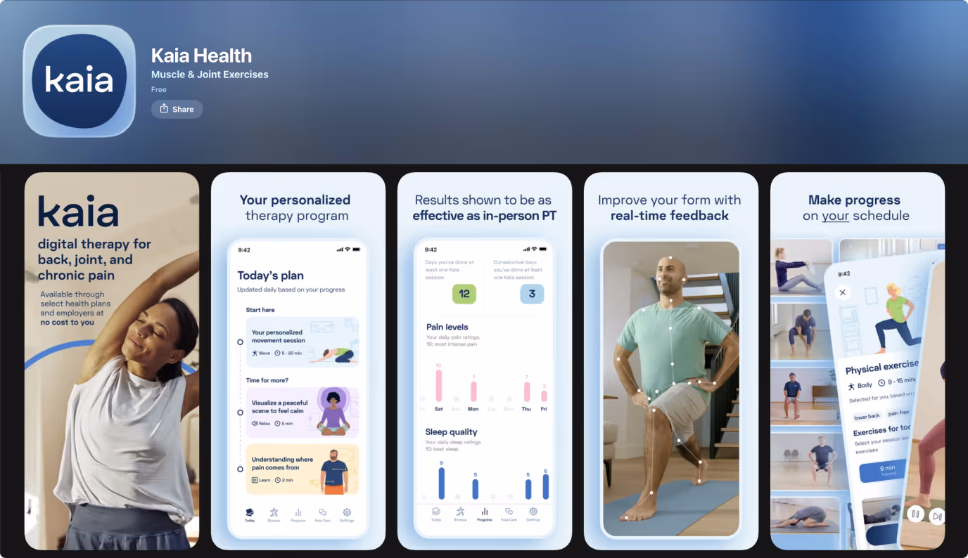 Kaia Health digital therapeutics app — AI-powered exercise program screens with motion tracking and real-time feedback for chronic pain management