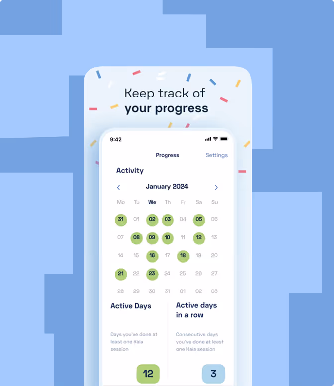 Kaia Health Motion Coach UX — step-by-step guided therapy screens showing behavioral feedback and progress tracking for musculoskeletal conditions