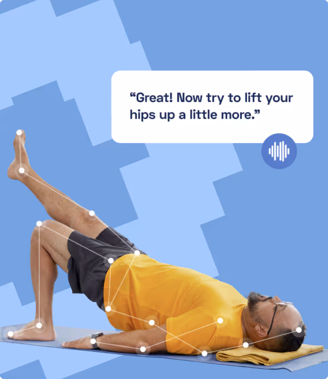 Kaia Health Motion Coach UX — step-by-step guided therapy screens showing behavioral feedback and progress tracking for musculoskeletal conditions